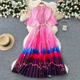 Women's Niche Elegant Dress New Hollow Nail Ball Neck-To-Celing Waist-Print Folding Long