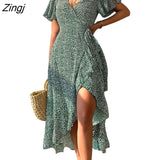 Short Sleeve V-neck Midi Dress For Women Green Ditsy Sexy Wrap Tie A-line Holiday Beach Dress 2023 Summer Female
