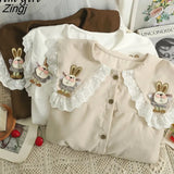 Embroidered Flowers Shirt Women Korean Peter Pan Collar Lolita Blouses Elegant Long Sleeve Single Breasted Blusas