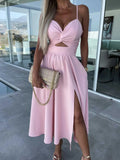 Zingj Summer New Fashion Socialite Deep V Hollow-Out Big Skirt Spread Slit Halter Dress Dress