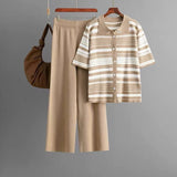 Women's Two-Piece Set Of Polo Tie Striped T-Shirt High-Waisted Broad Leg Pants Fashion