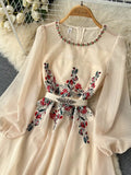 White/Beige Beading Embroidered Long Dress For Women Elegant O-Neck Puff Sleeve High Waist Elegant Party Robe New