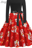 Dress Women Autumn Winter Long Sleeve High Waist Printed Vintage Party Sundress Elegant Xmas