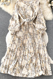 Vintage Women Printed Pleated Long Dress Elegant Round Neck Lantern Sleeve High Waist A-Line Maxi Vestidos Female