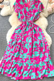 Women Floral Chiffon Midi Dress Vintage V-Neck Ruffle Hem Elegant Single Breasted Vestidos Female Vacation Beach Robe