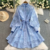 High-End Elegant Women's Dress Women's Court Style Strap To The Waist Hollow Embroidery Single Buckle A-Character