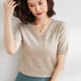 Zingj / Summer 2024 New Knit Short Sleeve Female V Collar Bottom Knit Sleeve Half Sleeve Sweater Loose Bottom Sweater-Outfit