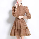 Elegant Bubble Sleeve Lace Splicing Mesh Dress Women's Court Collar Lantern Sleeve A-Word
