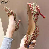 crystal metal snow rivets single shoes red/black women wedding shoes pointed toe thin high heels slip on pumps