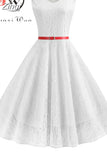 Women Summer Dress 50S 60S Elegant Vintage Lace Dress Robe Sleeveless Party Casual White Midi