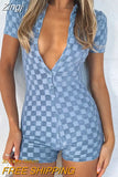 Women Playsuit Fairycore Plaid Short Sleeve Turn Down Collar Button Down Shorts Jumpsuit Y2K Clothes