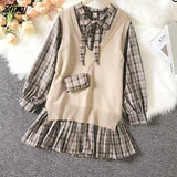 Style Sets Women Retro Plaid Mini Pleated Dress Knitted Vest Spring Autumn Elegant Korean Outfits Sweet Vintage