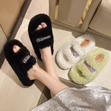 Slippers Women Wear 2025 New Letter Embroidered Thick Bottom Lamb Hair Autumn Winter Flat Letter
