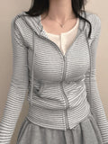 Fresh Sweet Spicy Wind Striped Hooded Collar Jacket With Thin Short Cardigan Long-Sleeved Top Autumn Dress