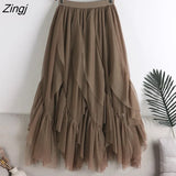 Midi Long Pleated Tulle Skirt Women 2023 Winter Korean Fashion Irregular 3 Layers Mesh A Line High Waist Skirt