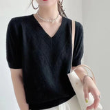 Goods Design Sense V-Neck Knitted T-Shirt Girl 2025 Spring And Summer New Loose Fashion Thin Short-Sleeved