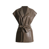 Zingj 2024 New Fashion Retro Handsome Lapel Belt Waist Show Thin Pu Vest Long Folded
