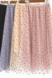 Layers Mesh Sweet Dot Pleated Skirt Women Solid Elastic Waist Spring Summer Elegant Office Ladies Long Skirts Casual