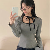 Girl Wind Around The Neck Tidling Design Bow Long-Sleeved T-Shirt Temperament Striped Print