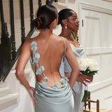 Zingj Summer Satin Temperament Condole Back Sexy Slim Evening Dress