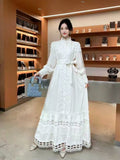 Small Vintage Hollow Lace Splicing Strap Belt Lantern Sleeve Dress Female Court Long