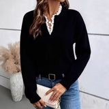 2025 New Fashion Lace V-Neck Sweater Solid Color Loose Long-Sleeved Knitwear