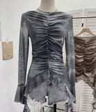 Shooting Hot Girl Horn Sleeve Net Yarn Bottom Shirt Girl Body Waste Wind Irregular Ribbon Long-Sleeved Top