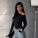 Women's Autumn New Fashion Sexy Solid Long-Sleeved Shoulder Double-Breasted T-Shirt