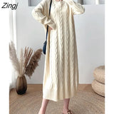 2023 Fashion Autumn Winter Knit Long Dress Women Korean Style White Black Stripe Loose Thick Warm Long Sleeve