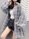 Checkered Baggy Long Sleeve Button Blouse- Outfit