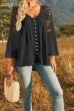 Hollow Out Crochet Lace Shirt 2023 Fashion Women Tops Solid V-neck Shirts Flare Sleeve Loose Blouse Casual Blusas