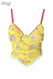 Women's Lace Patchwork Crop Top Vintage Y2k 2023 Summer Camisole Fashion Streetwear Graphic Print Female Sexy Off Shoulder