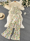 Women Summer Maxi Print Pants Suits New Sleeveless Strap Tops Female Casual Chiffon Two Pieces Sets Beach