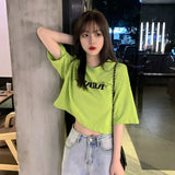 Sleeve T-shirts Women Letter Printed Crop Top Soft All-match Korean Style Womens Tees Students Chic Loose Retro
