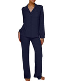 Long Sleeve Button Down Ribbed Knit Pajamas Set- Outfit