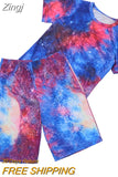 Women Tie Dye Sports Clothing Sets Lady Pullover Short Sleeve O Neck T Shirt Top + High Waist Knee Length