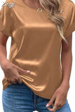 Lady Short Sleeve Satin Blouse Loose Casual Round Neck Solid Shirts Fashion 2023 Summer Elegant Tops Women Clothing