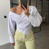 High-End Light Luxury Summer Solid-Colored Shoulder Collar Lantern Cuffs Waist Design Long-Sleeved
