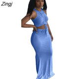 Women Sets Ruched Drawstring Sleeveless Tank Crop Top and High Waist Mermaid Maxi Skirt Set for Women Elegant Two Piece