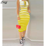 Sleeveless Striped Print Colorblock Eyelet Lace Up Casual Tight Skinny Bodycon Dresses Loungewear Women Tank Dresses