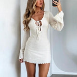 Women's New Knitted Tying Dress With Long Sleeves And Hip Mini