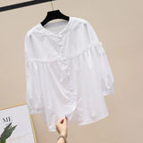 2025 Spring And Autumn Korean Version Of The Round-Necked Women's Shirt Age-Old Doll Shirt Fashion Casual Thin Nine-Sleeved Lace