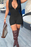 Sexy Front Zip Up Sleeveless Rompers Deep V-neck Playsuits Ribbed Knitted Jumpsuits Women Biker Shorts Summer