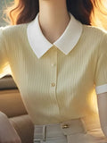 Ice Silk Polo Collar Knitted Shirt For Women 2025 Summer New Commuter Shoulder Short-Sleeved T-Shirt Euro