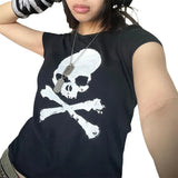 Skull Print Short Sleeve Y2K Crop TopOutfit