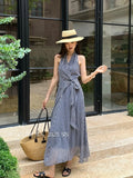 Xixi 2025 Summer New Korean Version Of High-Waisted Holiday With Dress V-Neck Print Pure Desire Skirt
