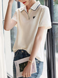 With Short-Sleeved T-Shirt Women 2025 Summer New Love Embroidery Collar Casual Slim Polo
