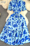 Vintage Women Printed Long Dress Elegant Turn-Down Collar Single Breasted Short Sleeve High Waist A-Line Maxi Vestido