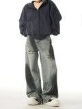 Zingj High Street Web Splash-Ink Broken Hole Jeans Men And Women Loose Deconstruction Versatile Straight Tube Wide Leg Long