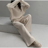 New Hot Pure Color Knitted Jacket High-Collar Sweater Set Loose Top + Pants
